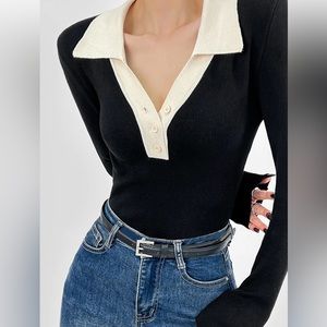 COMMENSE Contrast Trim Button Up Ribbed Shirt